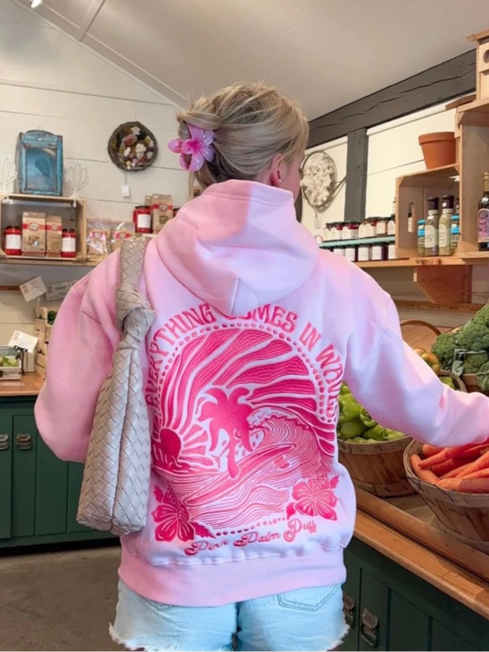 Pink Palm Puff Pink Medium Graphic Hoodie